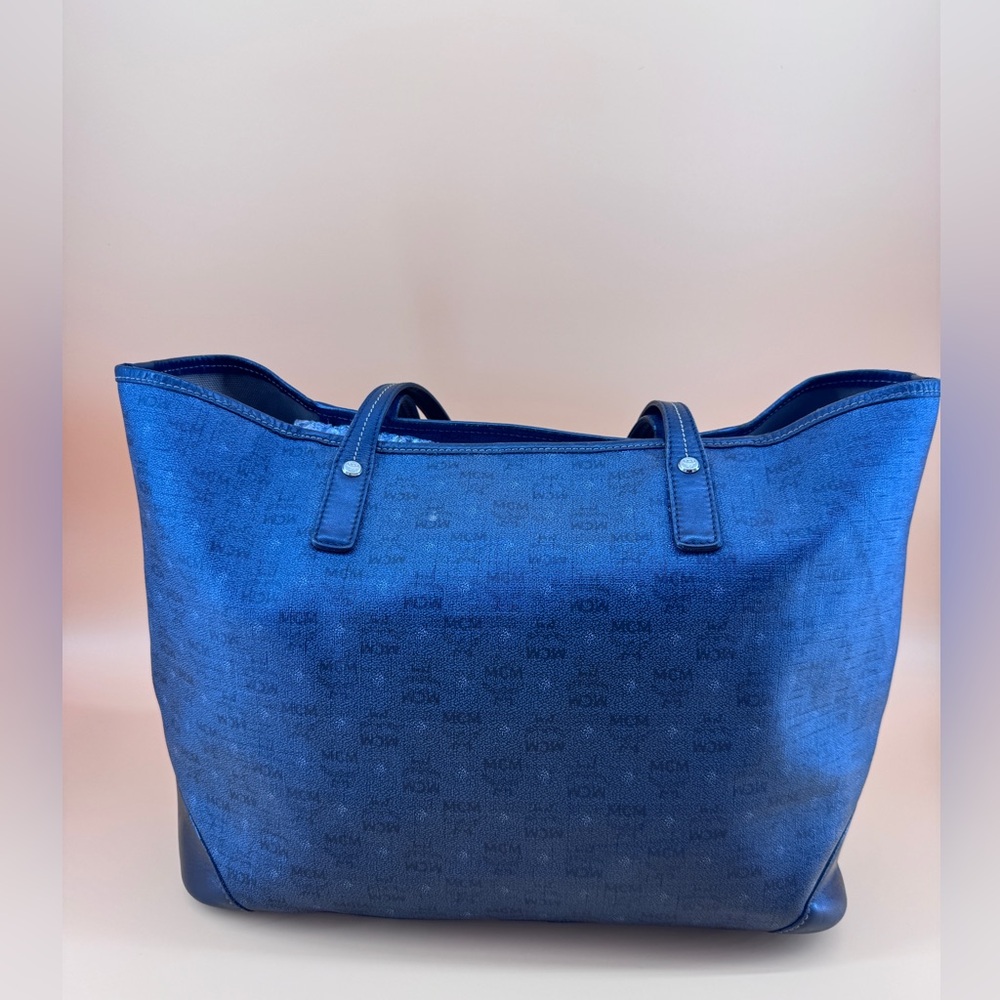 MCM Navy Blue Black Visetos Coated Canvas and Leather Open Tote - Picture 3 of 16